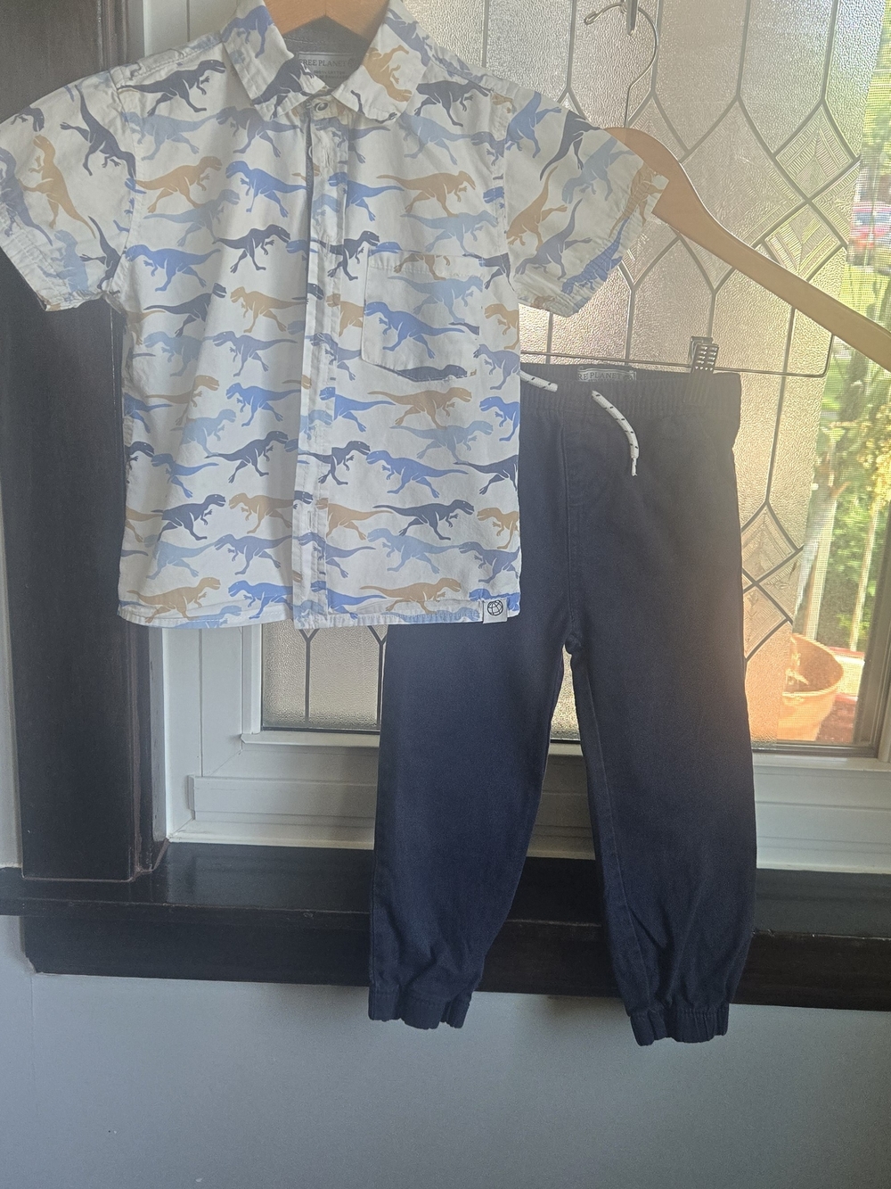 Free Planet Boys Dino Print Short Sleeve Shirt and Navy Jogger Set